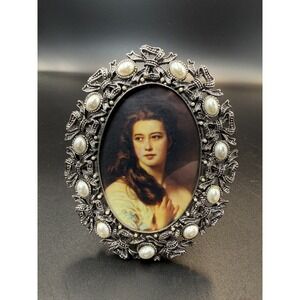 Bijoux Terner Mini Portrait Frame Pewter w/ Faux Pearls and Bows Victorian NOS